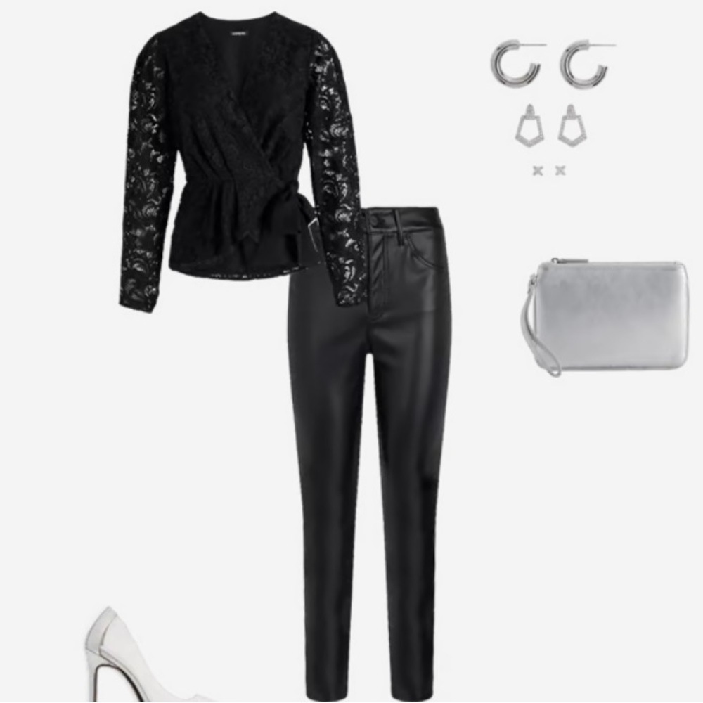 Express Lace V-Neck Long Sleeve Tie Waist Peplum Top - Picture 5 of 16